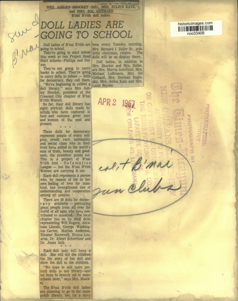 1967 Press Photo Doll ladies of B'nai B'rith going to Project Head Start school