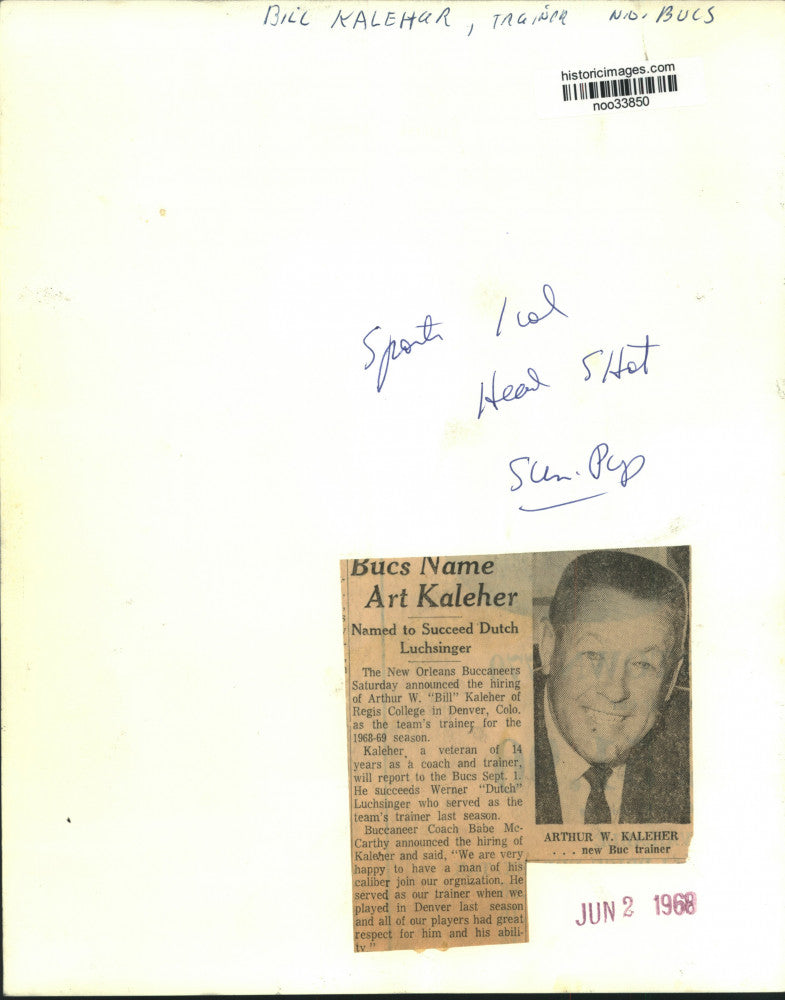 1968 Press Photo Arthur W. "Bill" Kaleher, Trainer for New Orleans Buccaneers