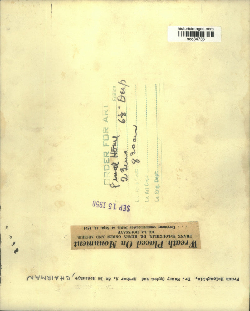 1950 Press Photo Wreath placed on monument for Battle of Sept. 14, 1874