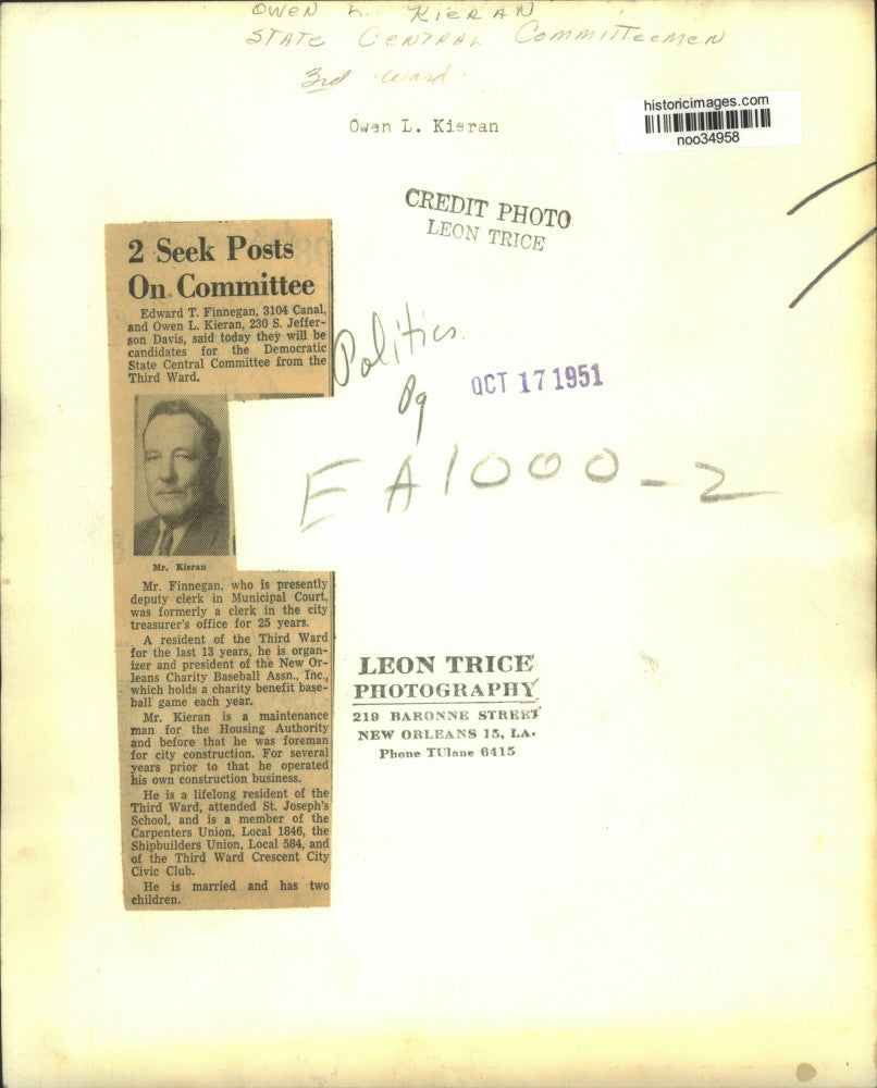 1951 Press Photo Edward Finnegan, 3rd Ward Candidate Democratic State Committee