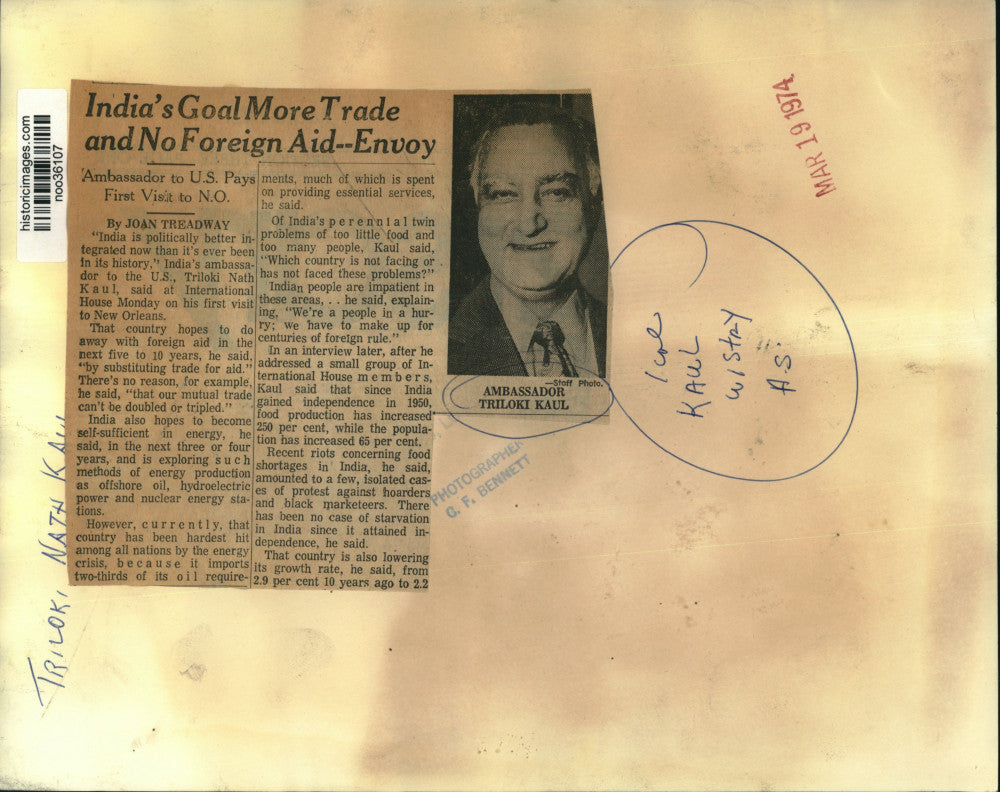 1974 Press Photo Indian Ambassador Triloki Nath Kaul first visit to New Orleans