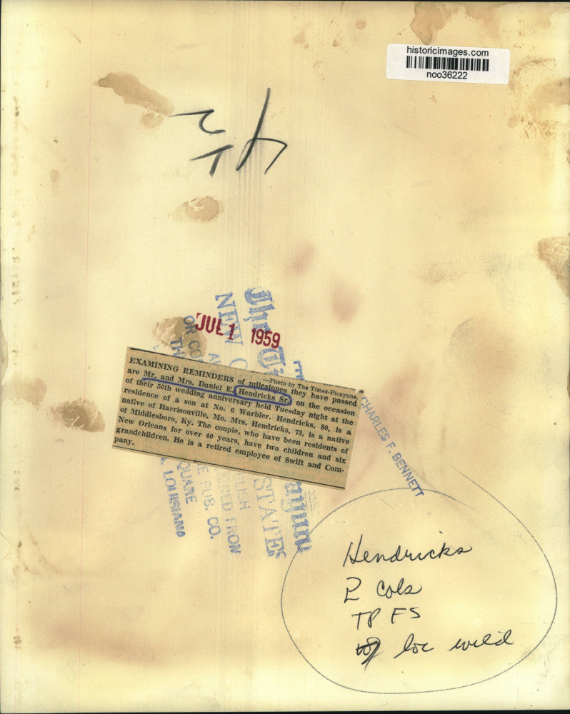 1959 Press Photo Mr. and Mrs. Daniel E. Hendricks Sr.- 50th wedding anniversary