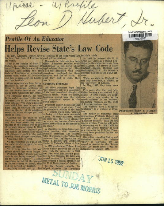 1952 Press Photo Leon D. Hubert, Jr., associate professor of the law at Tulane