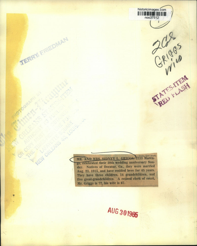 1965 Press Photo Mr. & Mrs. Sidney L. Griggs celebrate 50th wedding anniversary