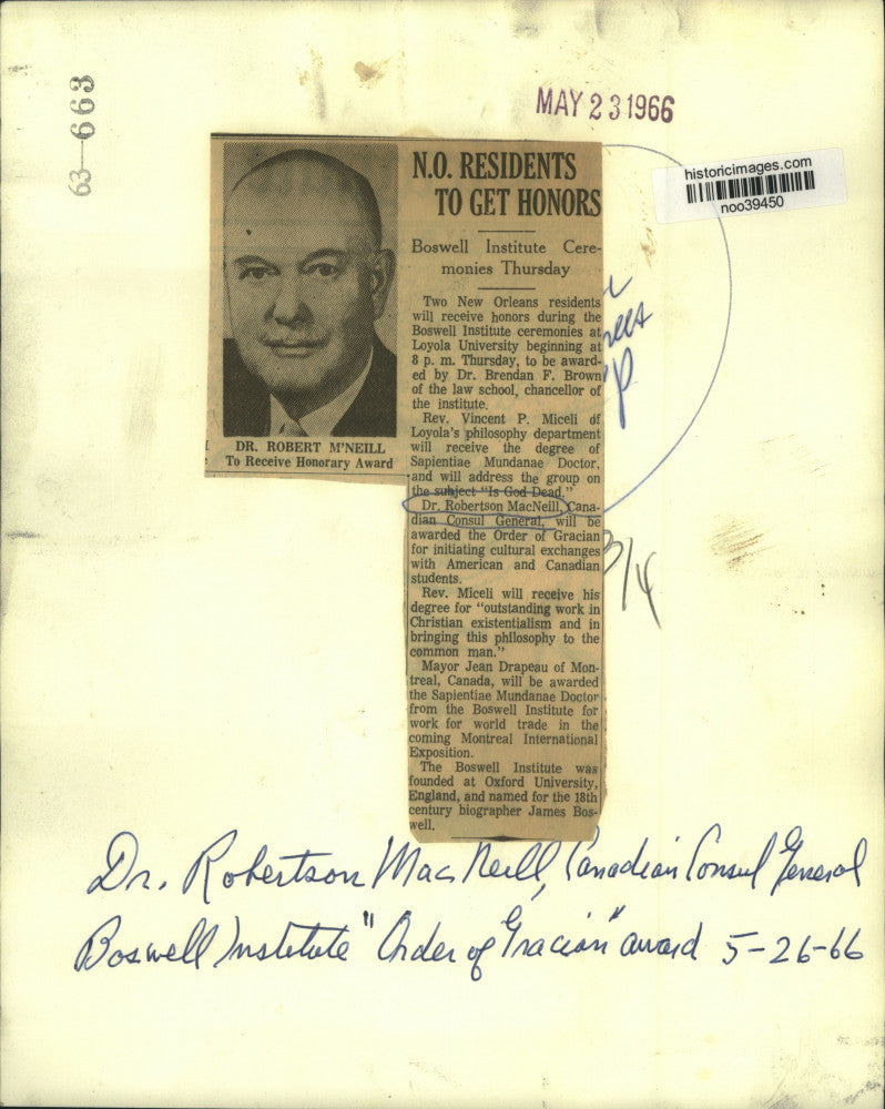 1966 Press Photo Robertson MacNeill, Canadian Consul General honored at Loyola