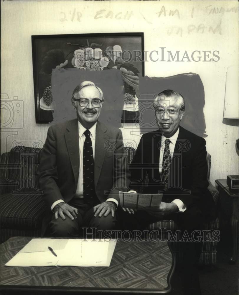 1983 Press Photo Dr. Eugene Kelley &amp; Michio Torii, top executives of US firms- Historic Images