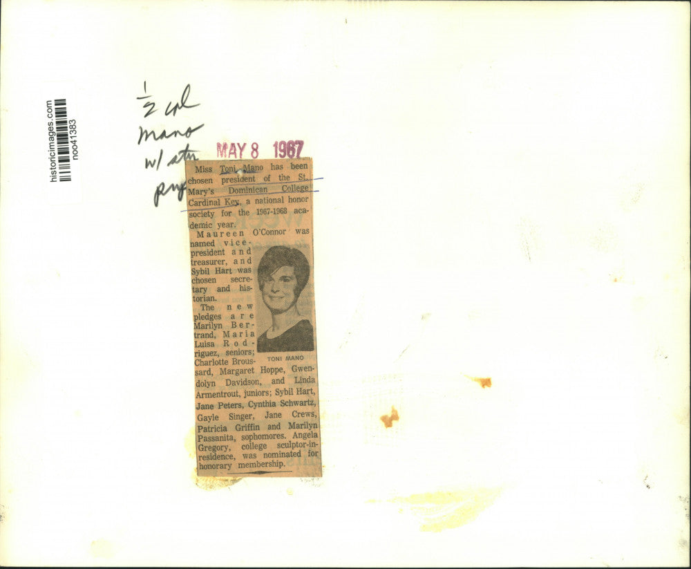 1967 Press Photo Miss Toni Mano, president, St. Mary's Dominican College