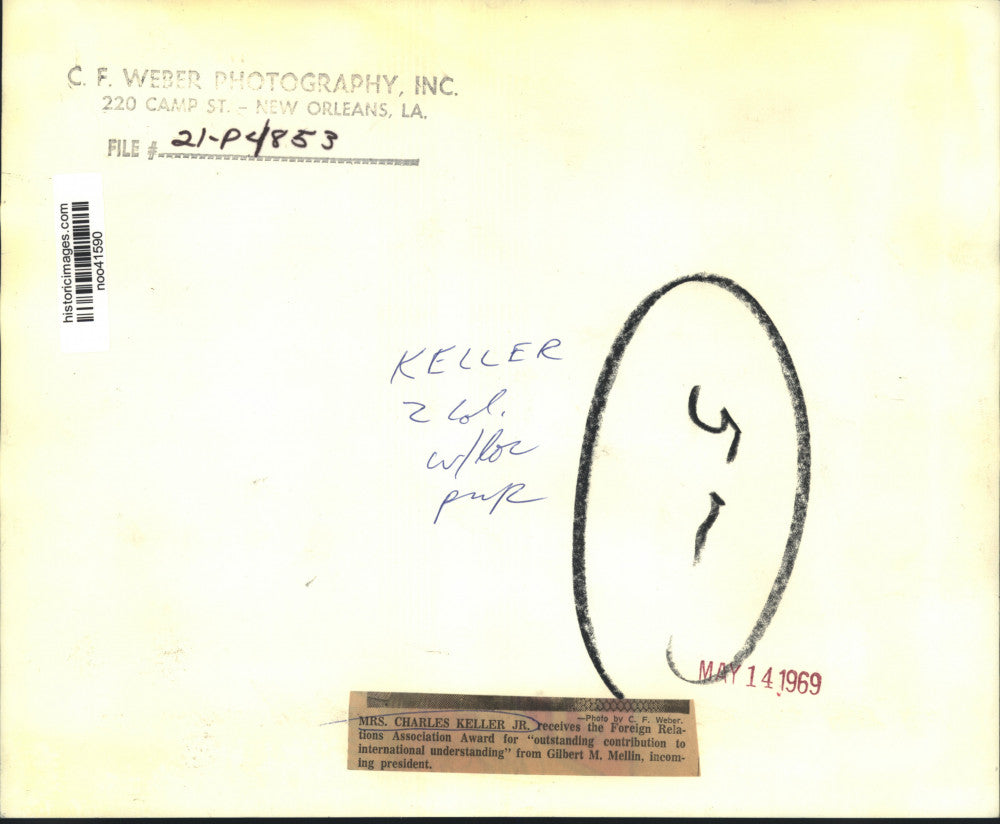 1969 Press Photo Mrs. Charles Keller Junior, Foreign Relations Association Award