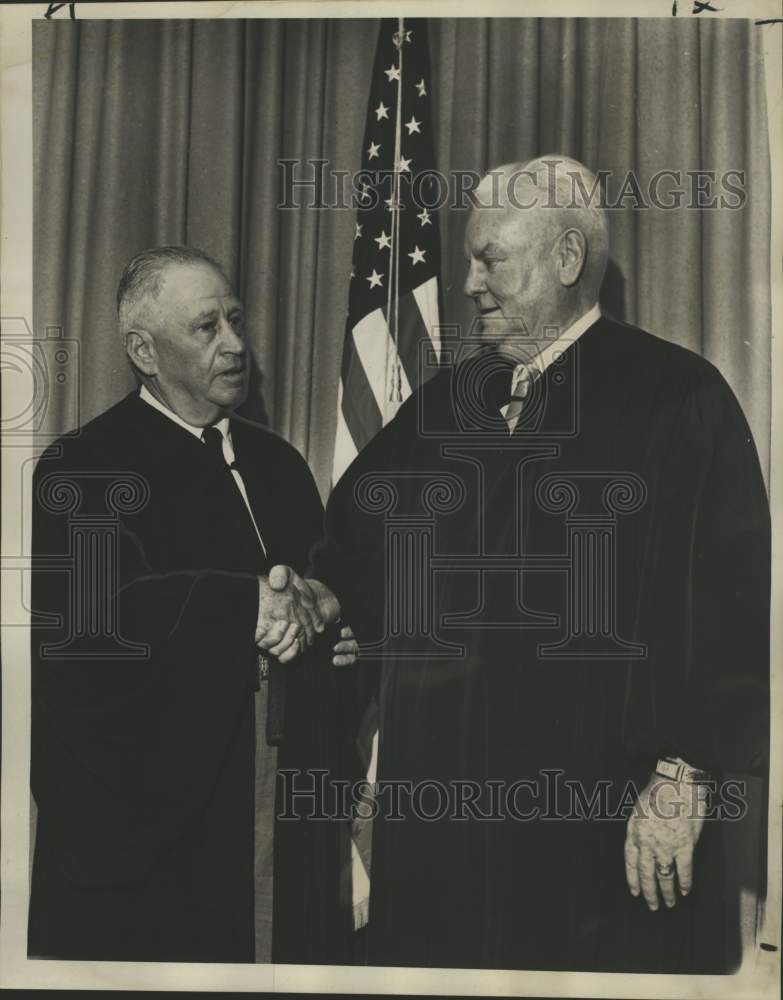 Load image into Gallery viewer, 1966 Press Photo Judge Arthur J. O'Keefe Jr. congratulated by Judge Louis Yarrut
