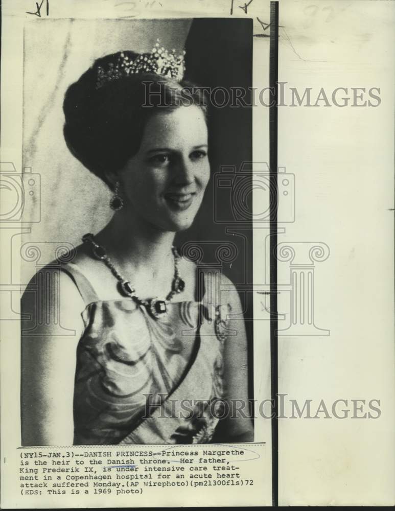 1969 Press Photo Princess Margrethe, heir to Danish Throne, in crown and sash - Historic Images