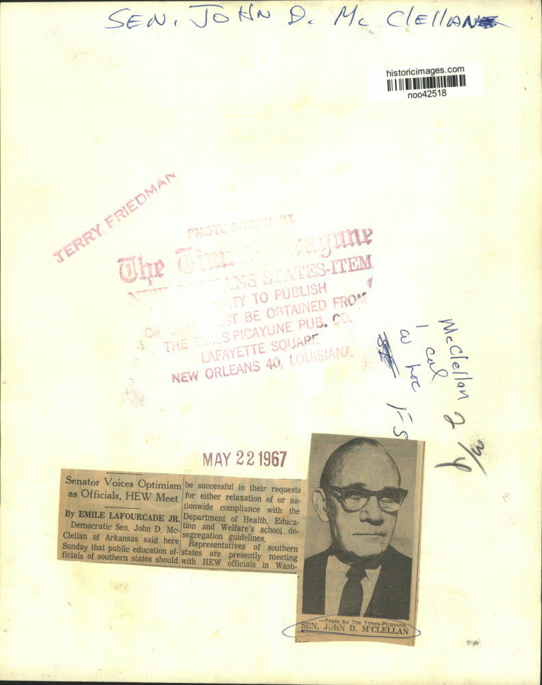 1967 Press Photo Democratic Senator John D. McClellan of Arkansas - noo42518