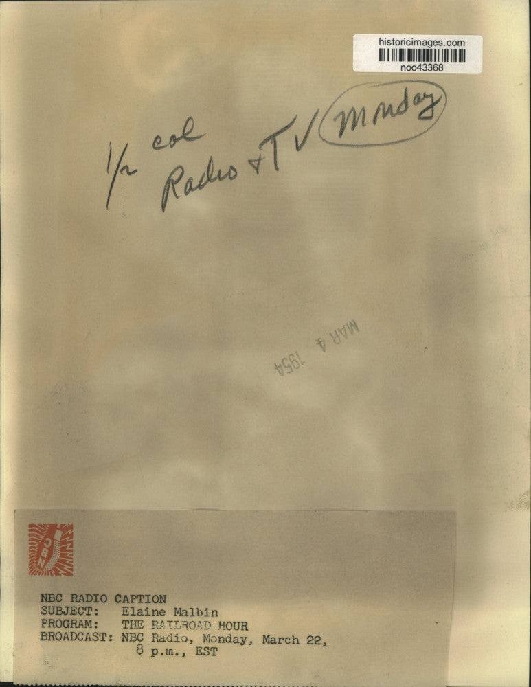 1954 Press Photo Elaine Malbin in "The Railroad Hour" airing on NBC Radio