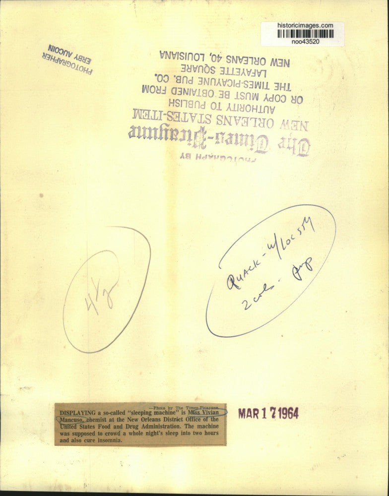 1964 Press Photo Miss Vivian Mancuso, United States Food and Drug Administration