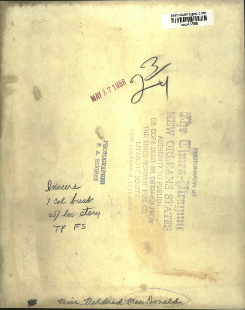 1958 Press Photo Miss Mildred MacDonald of New Orleans - noo43556