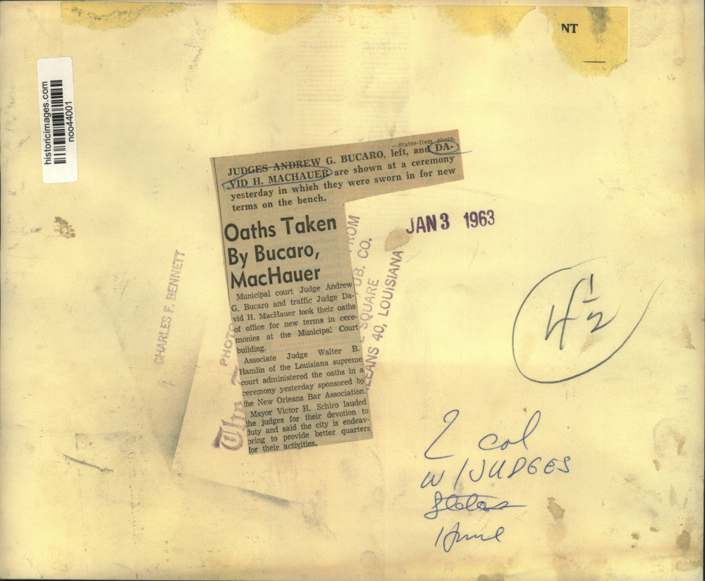 1963 Press Photo Judges Andrew Bucaro & David Machauer Sworn In for New Terms