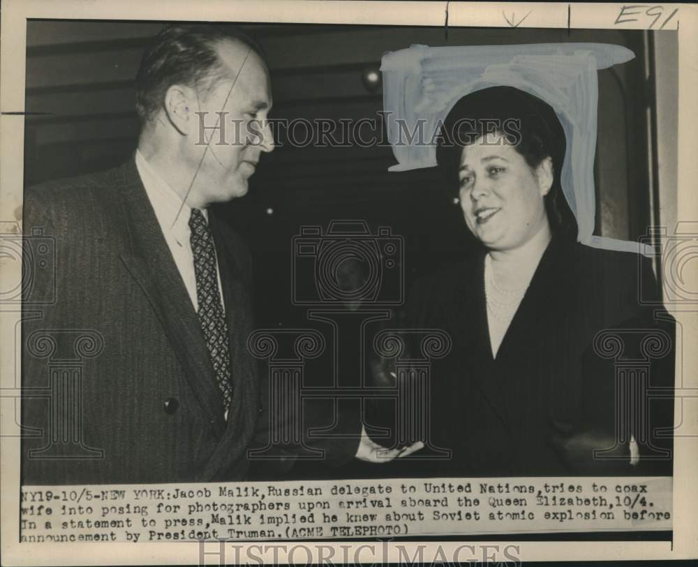 1949 Press Photo Jacob Malik, Russian delegate to United Nations, and wife