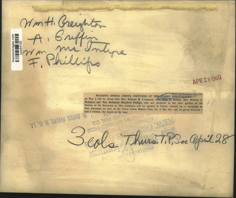 1960 Press Photo Mrs. William H. Creighton, Spring Fiesta, Maison Hospitaliere