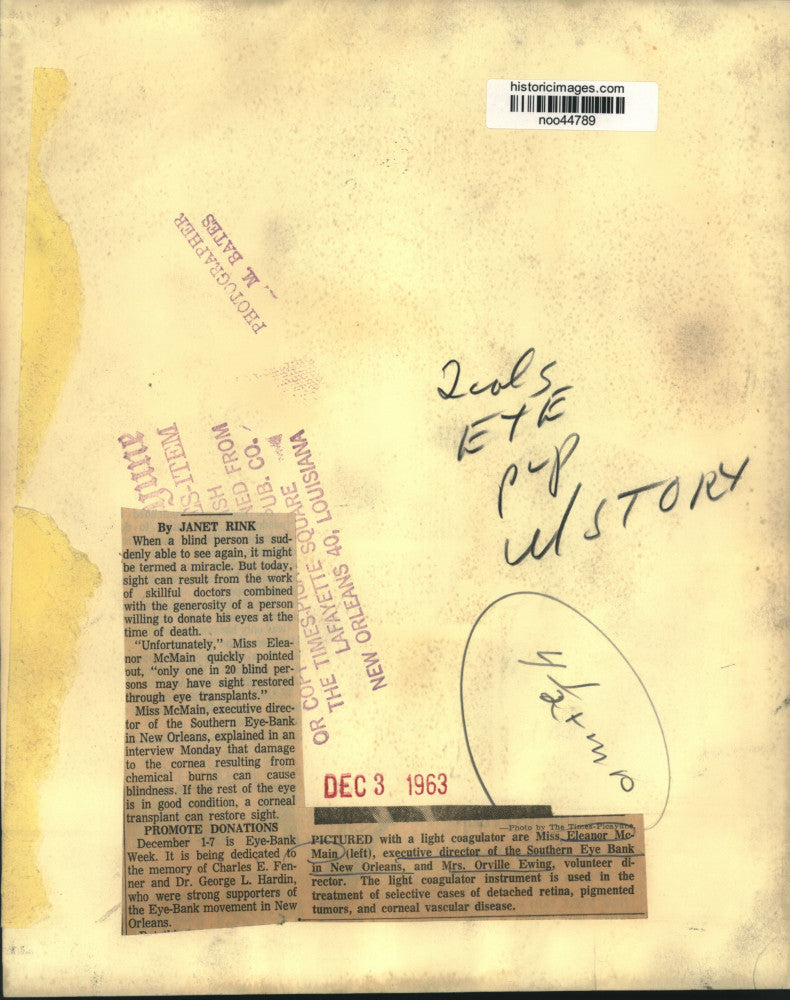 1963 Press Photo Miss Eleanor McMain, Southern Eye bank in New Orleans