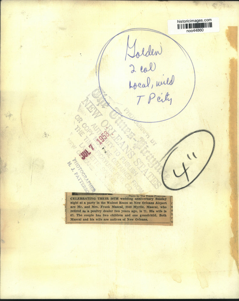 1958 Press Photo Mr. and Mrs. Frank Mascal celebrate 50th wedding anniversary