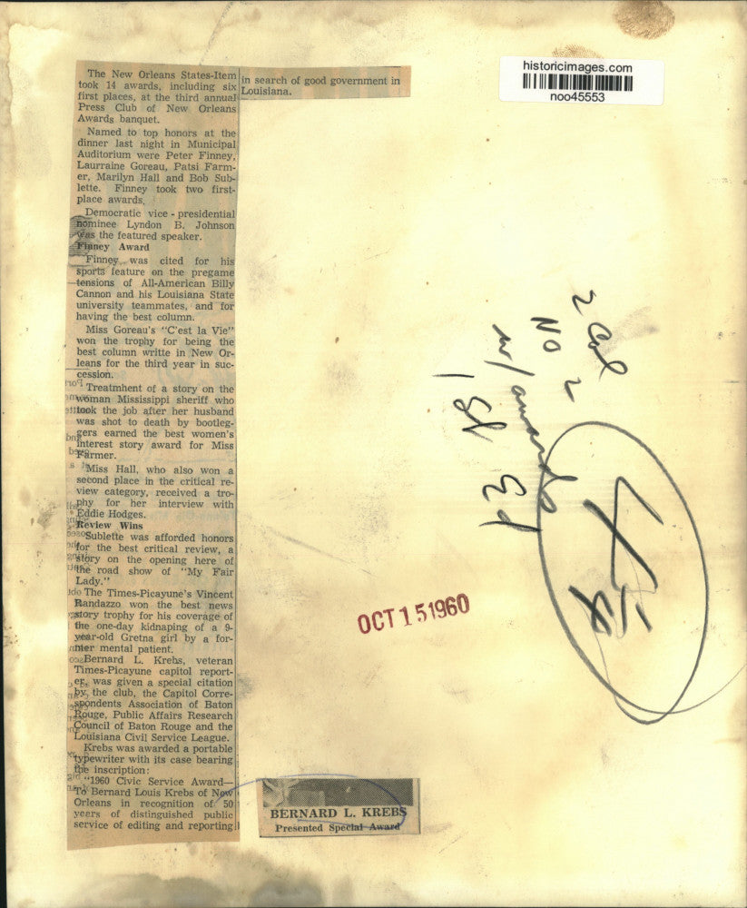 1960 Press Photo Reporter Bernard L. Krebs Presented Special Award by Press Club