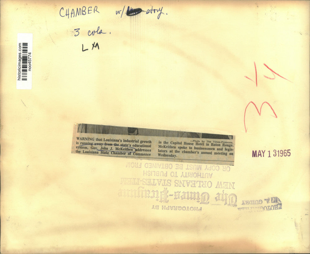 1965 Press Photo Governor John McKeithen address Louisiana Chamber of Commerce