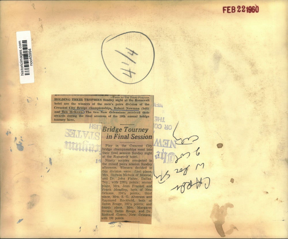 1960 Press Photo Robert Newman & Ben McKown, Crescent City Bridge championship