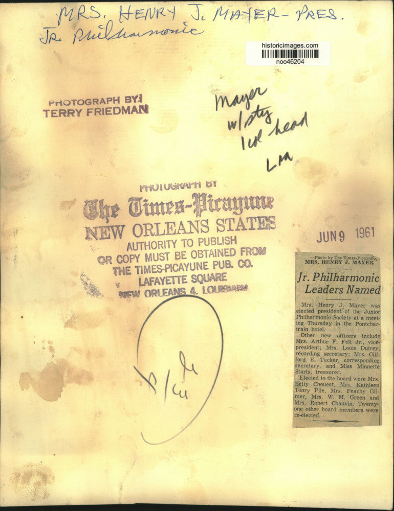 1961 Press Photo Mrs. Henry J. Mayer, President of Junior Philharmonic Society