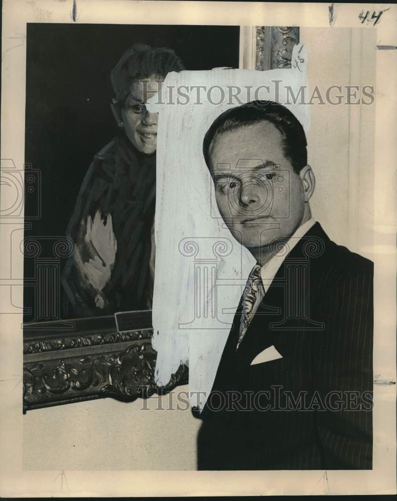 1948 Press Photo Alonzo Lansford with &quot;Gypsy Girl&quot; painting, Delgado Museum- Historic Images