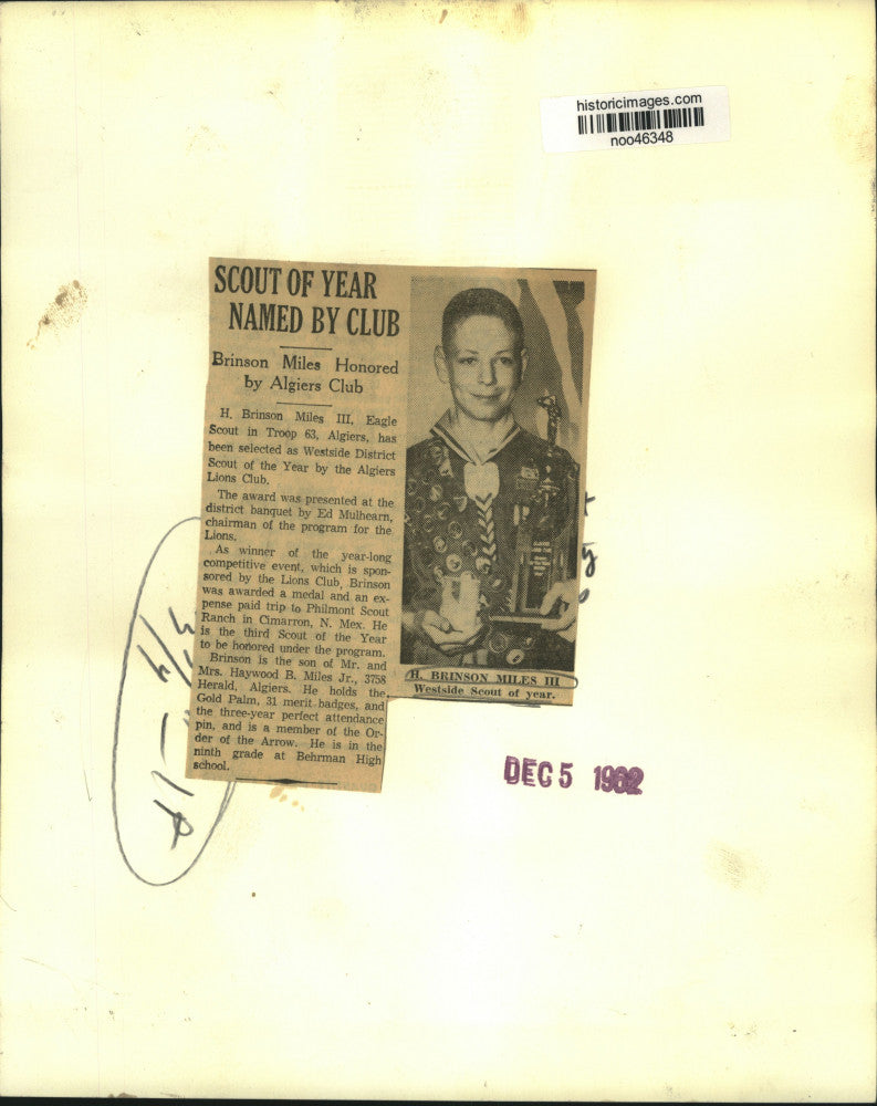1962 Press Photo H. Brinson Miles III, Westside District Scout of the Year
