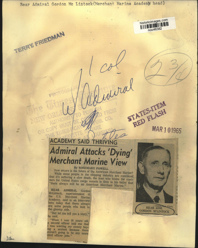 1965 Press Photo Rear Admiral Gordon McLintock, U.S. Merchant Marine Academy