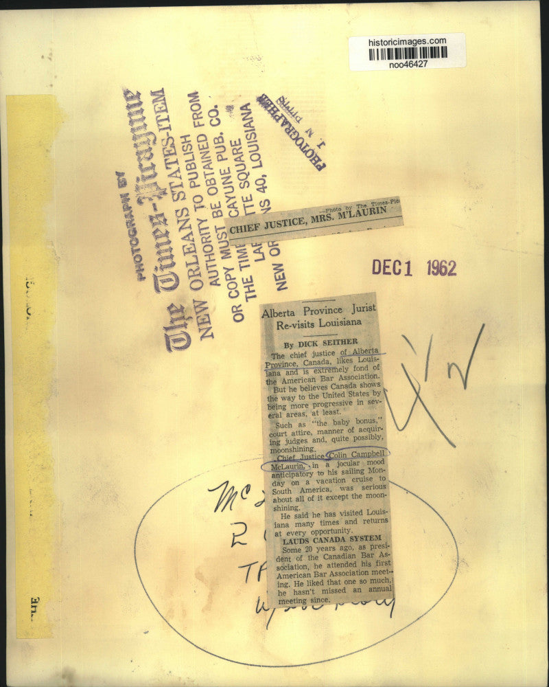 1962 Press Photo Chief Justice & Mrs. Colin Campbell McLaurin of Alberta, Canada