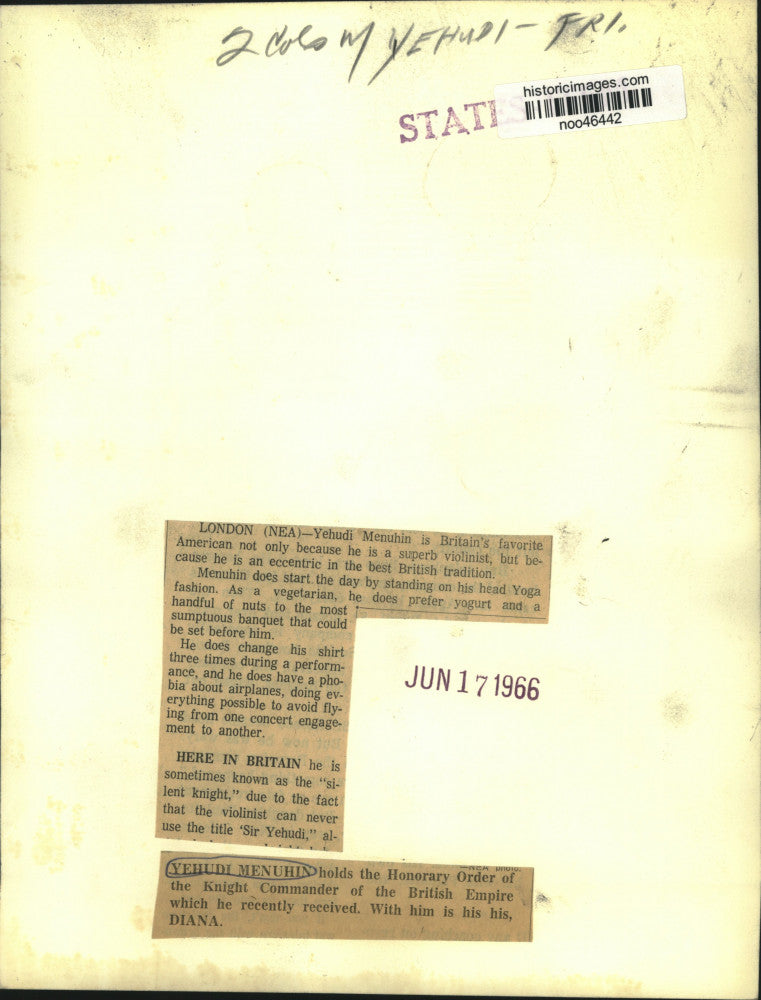 1966 Press Photo Yehudi Menuhin, Honorary Order of Knight Commander of Britain