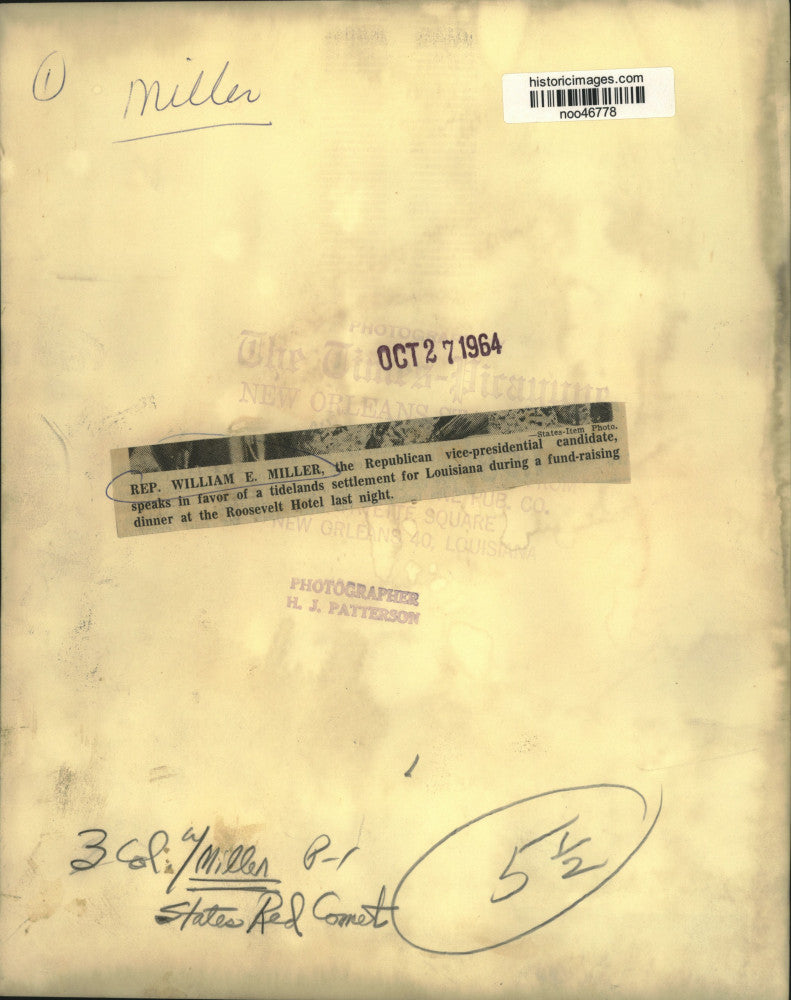 1964 Press Photo Representative William Miller at Roosevelt Hotel fund raising