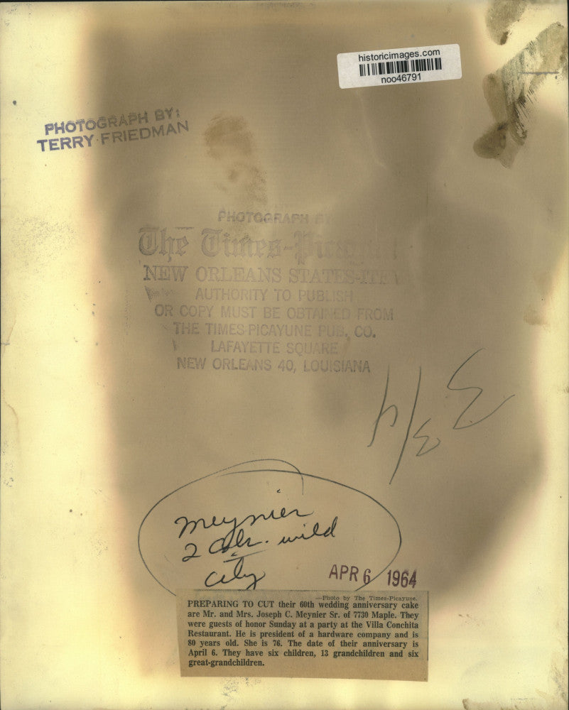 1964 Press Photo Mr. & Mrs. Joseph C. Meynier Senior, 60th wedding anniversary