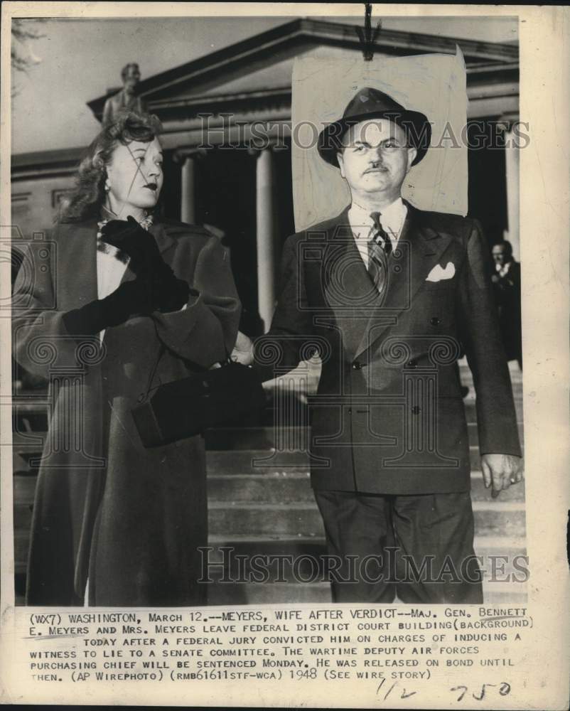 1948 Press Photo Major General Bennett E. Meyers leaving district court building