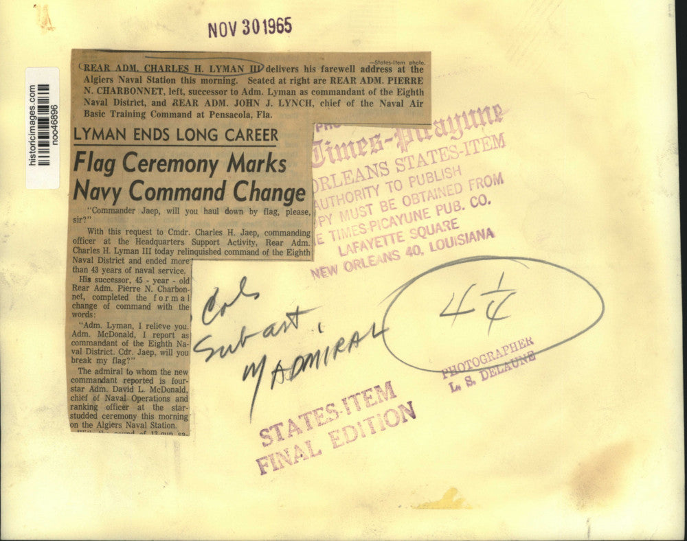 1965 Press Photo Rear Admiral Charles H. Lyman III at Algiers Naval Station