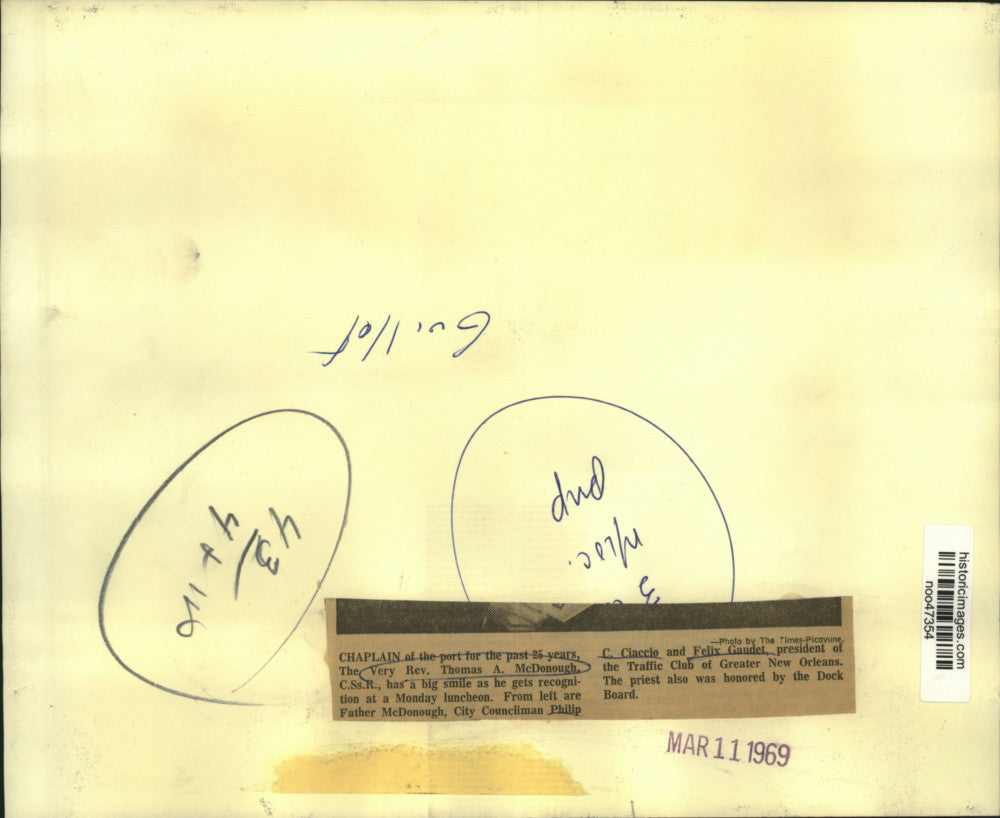 1969 Press Photo New Orleans-Reverend Thomas A. McDonough honored by Dock Board