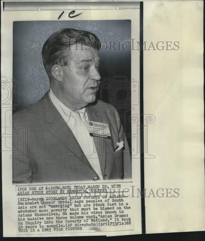 1963 Press Photo Economist Gunnar Myrdal - noo47633