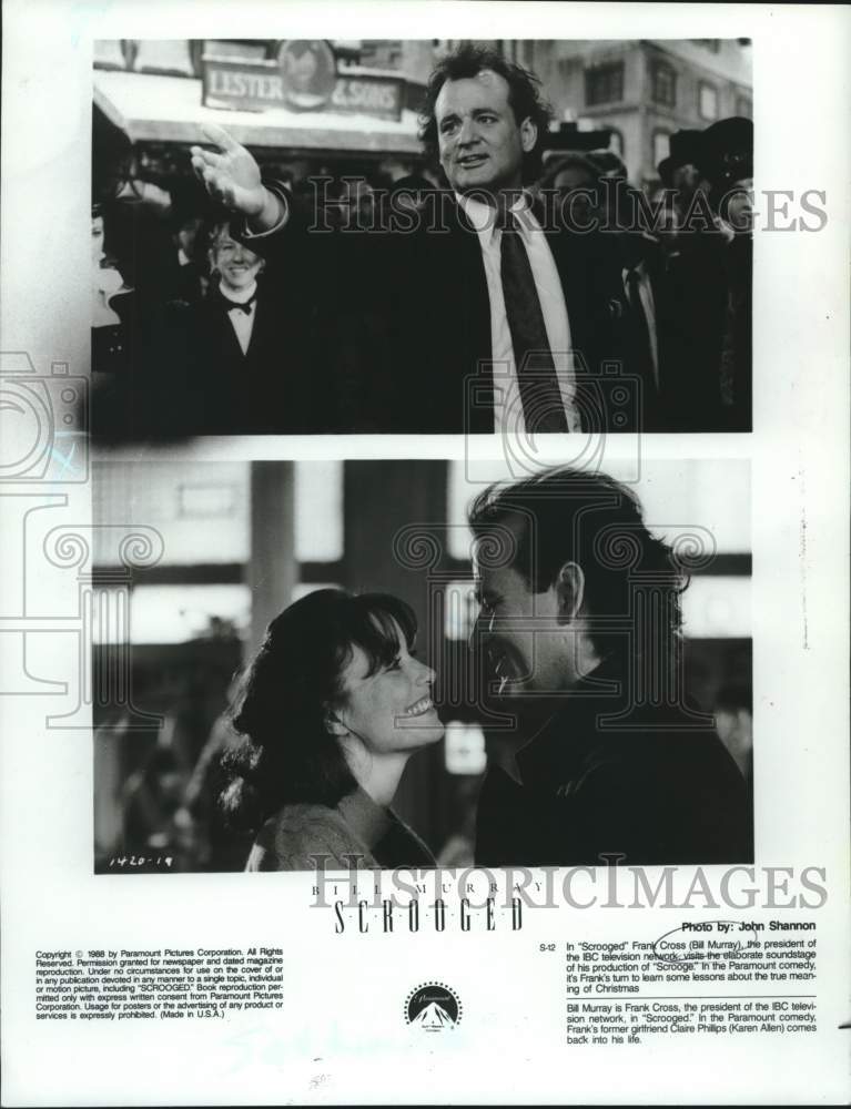 1988 Press Photo Bill Murray and Karen Allen, "Scrooged" - Historic Images