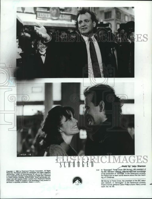 1988 Press Photo Bill Murray and Karen Allen, "Scrooged" - Historic Images