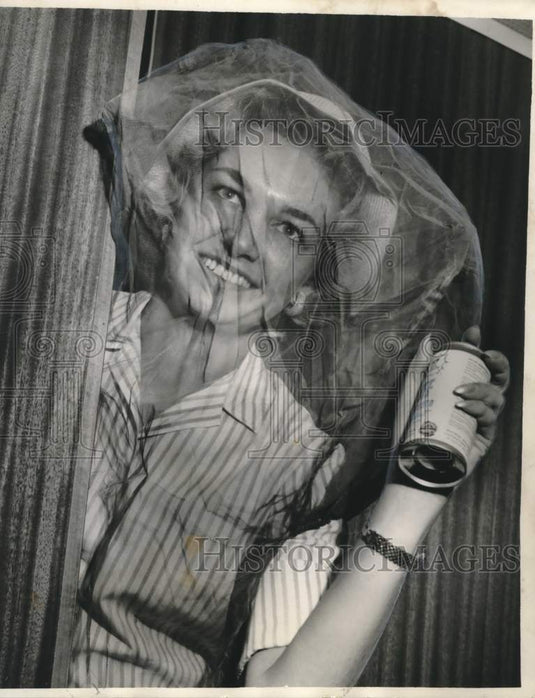 1960 Press Photo New Orleans-Mrs. Sylvia Rosman, in mosquito net & holding spray