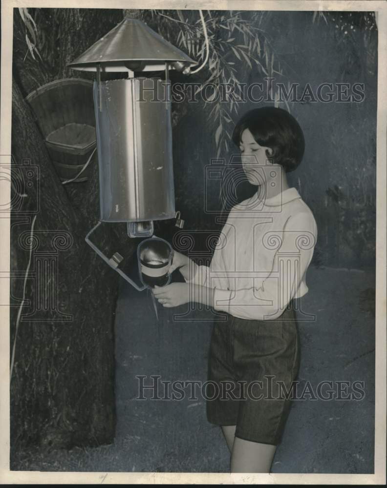 1964 Press Photo Donna Mechler inspecting a mosquito trap in her home