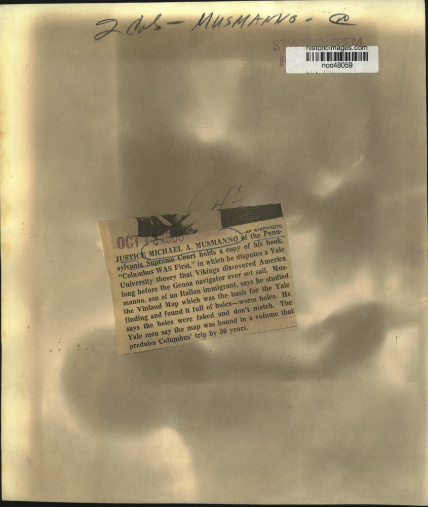 1966 Press Photo Justice Michael Musmanno holds his book, "Columbus Was First"