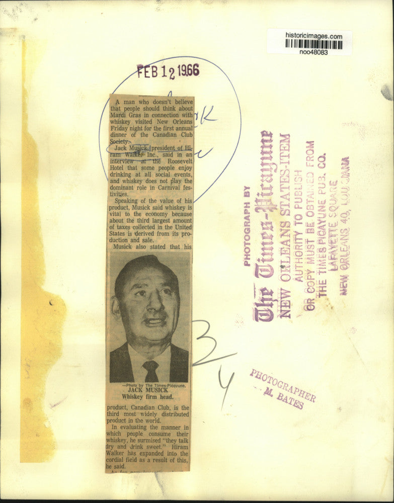 1966 Press Photo Jack Musick, president, Hiram Walker Inc., visits New Orleans