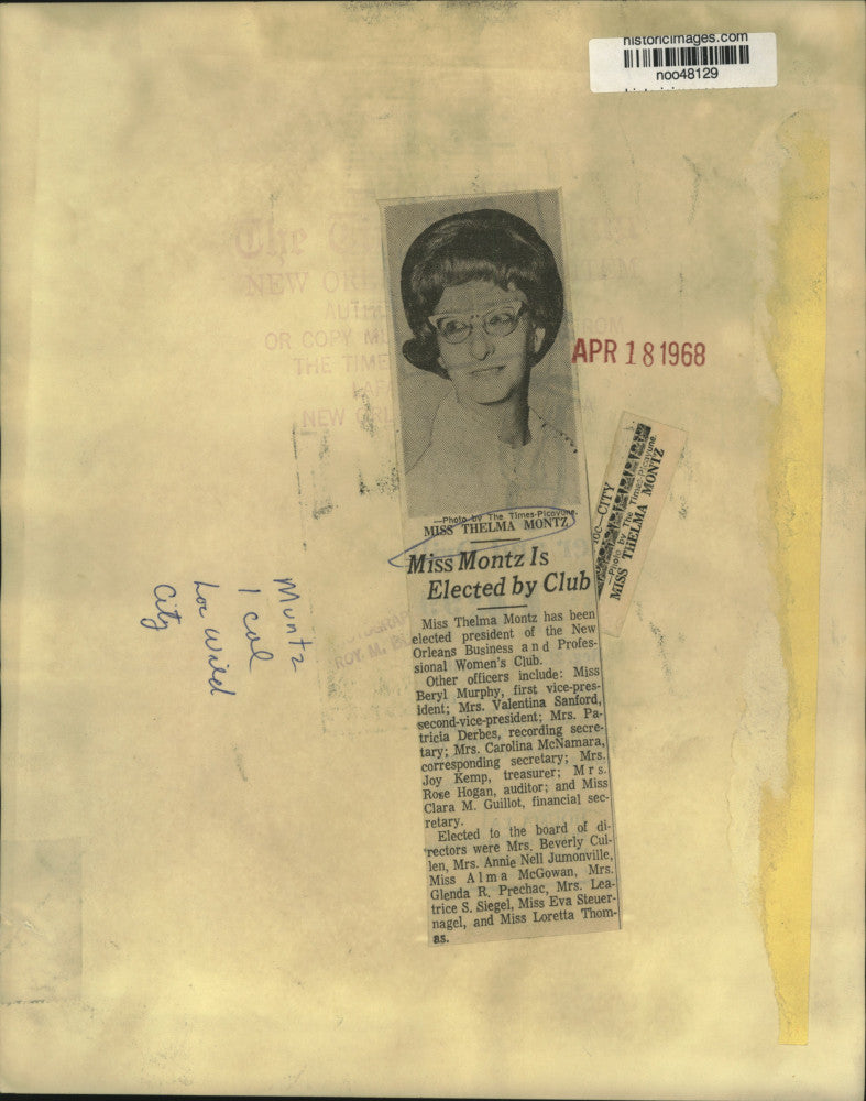 1968 Press Photo Thelma Montz, President of Orleans Professional Women's Club