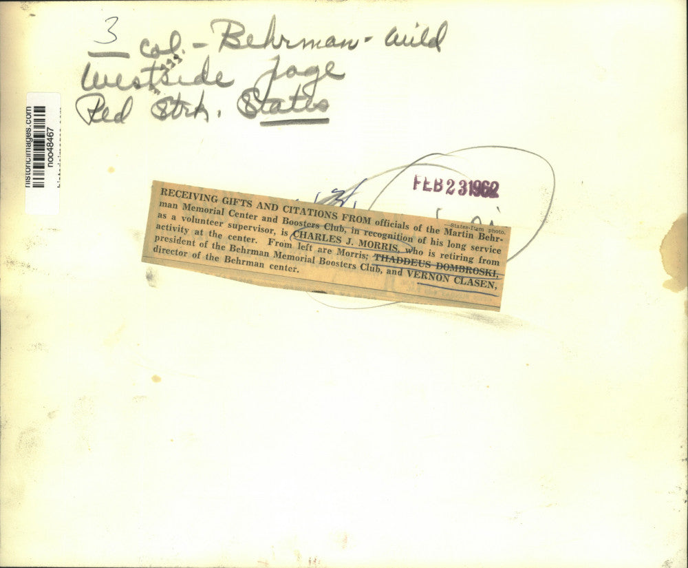 1962 Press Photo Charles J. Morris honored by the Martin Behrman Memorial Center