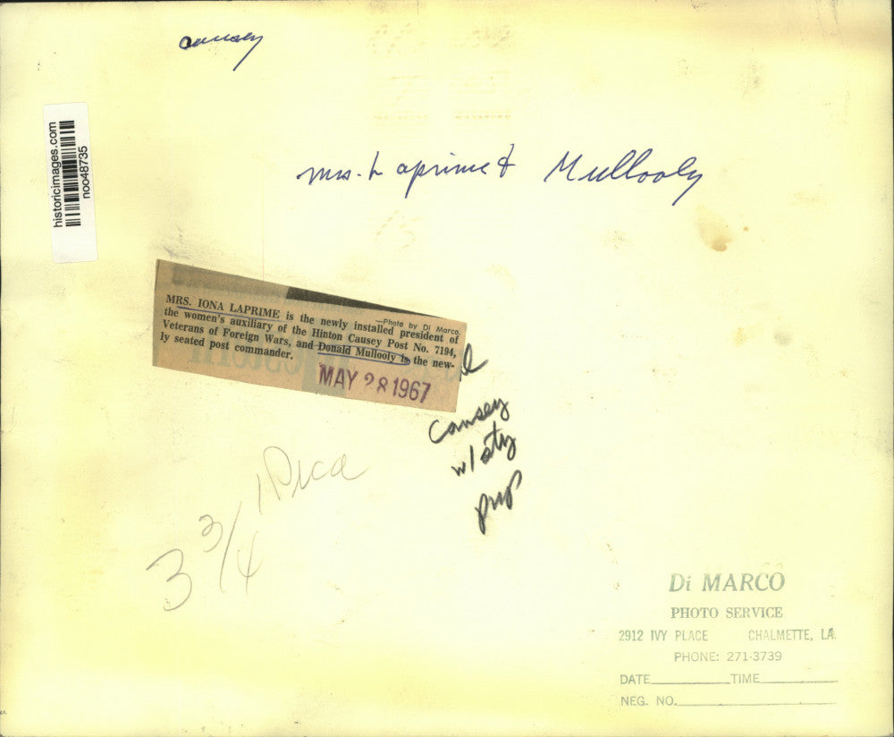 1867 Press Photo Mrs. Iona Laprime, Veterans of Foreign Wars auxiliary