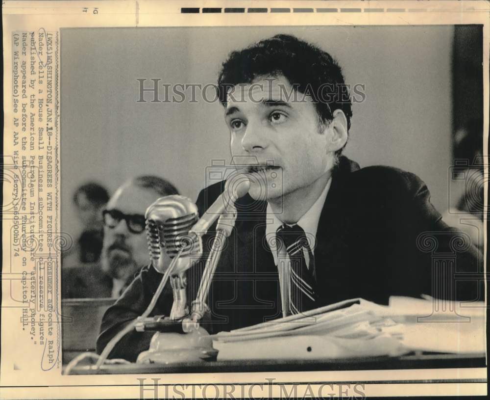 1974 Press Photo Ralph Nader before subcommittee on Capitol Hill, Washington DC- Historic Images