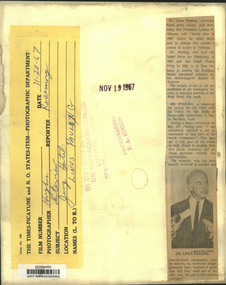 1967 Press Photo Dr. Linus Pauling, Nobel Prize winner in New Orleans