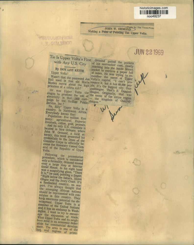 1969 Press Photo John W. Ormond, Honorary Consul General Republic of Upper Volta